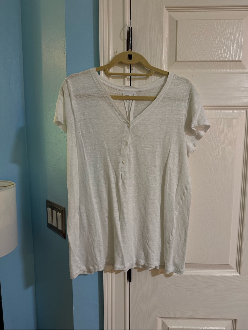 100% Linen White Short Sleeve V-Neck Henley Top - Classic Casual